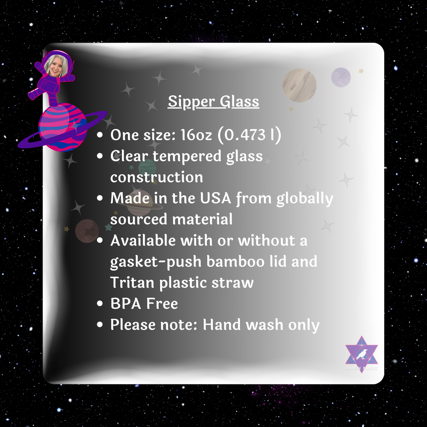 Product packaging with text about Sipper Glass on a starry background