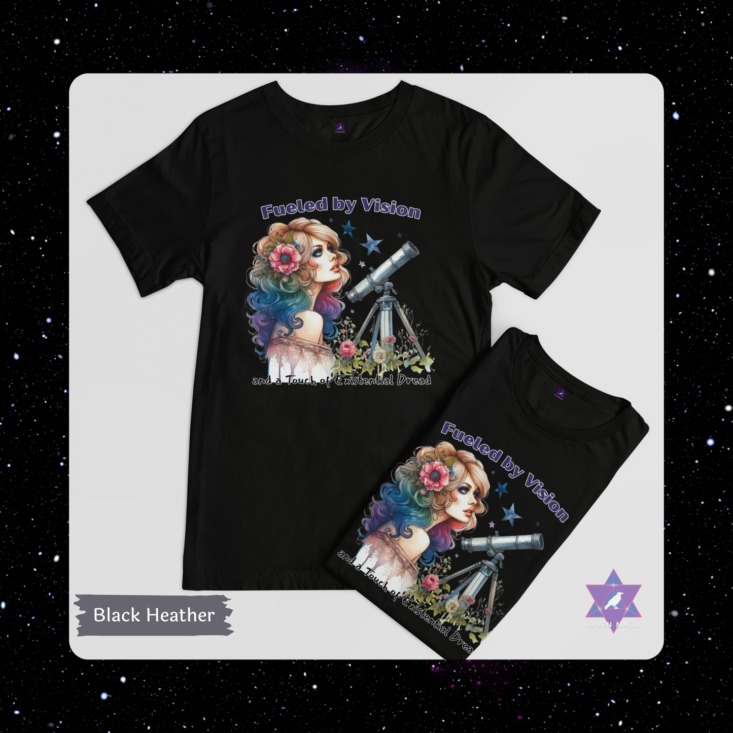 Black t-shirt with colorful graphic design featuring a woman with rainbow hair and a telescope, on a starry background. Aquarius Zodiac T-shirt with “Fueled by Vision and a Touch of Existential Dread” slogan, styled for eccentric, future-forward energy.