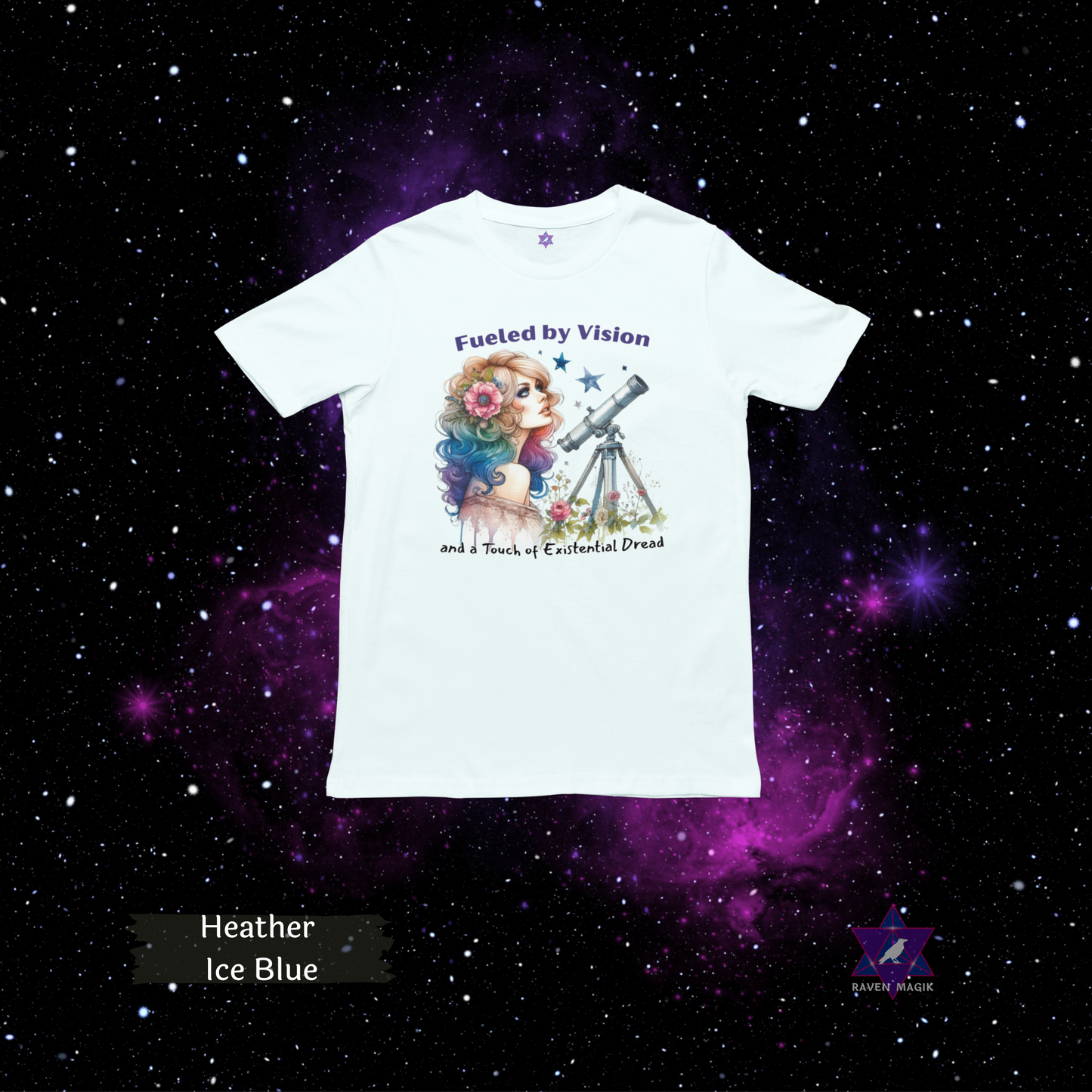 Heather Ice Blue t-shirt with a colorful graphic and text on a starry space background. Aquarius Zodiac T-shirt with “Fueled by Vision and a Touch of Existential Dread” slogan, styled for eccentric, future-forward energy.
