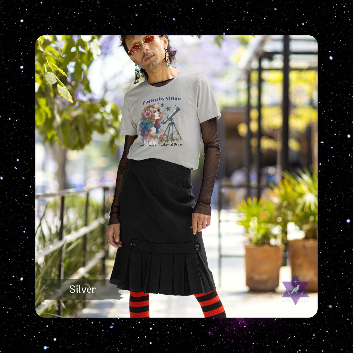 Person wearing a graphic t-shirt and black skirt outdoors with plants and a building in the background. Aquarius Zodiac T-shirt with “Fueled by Vision and a Touch of Existential Dread” slogan, styled for eccentric, future-forward energy.