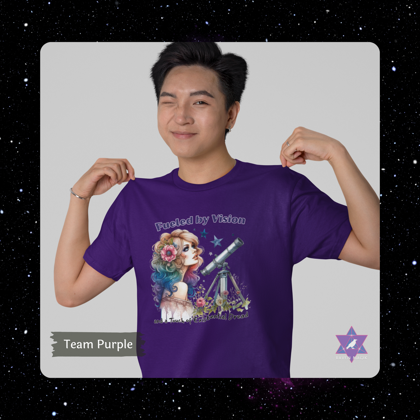 Person wearing a purple t-shirt with a graphic design of a girl with a telescope. Aquarius Zodiac T-shirt with “Fueled by Vision and a Touch of Existential Dread” slogan, styled for eccentric, future-forward energy.