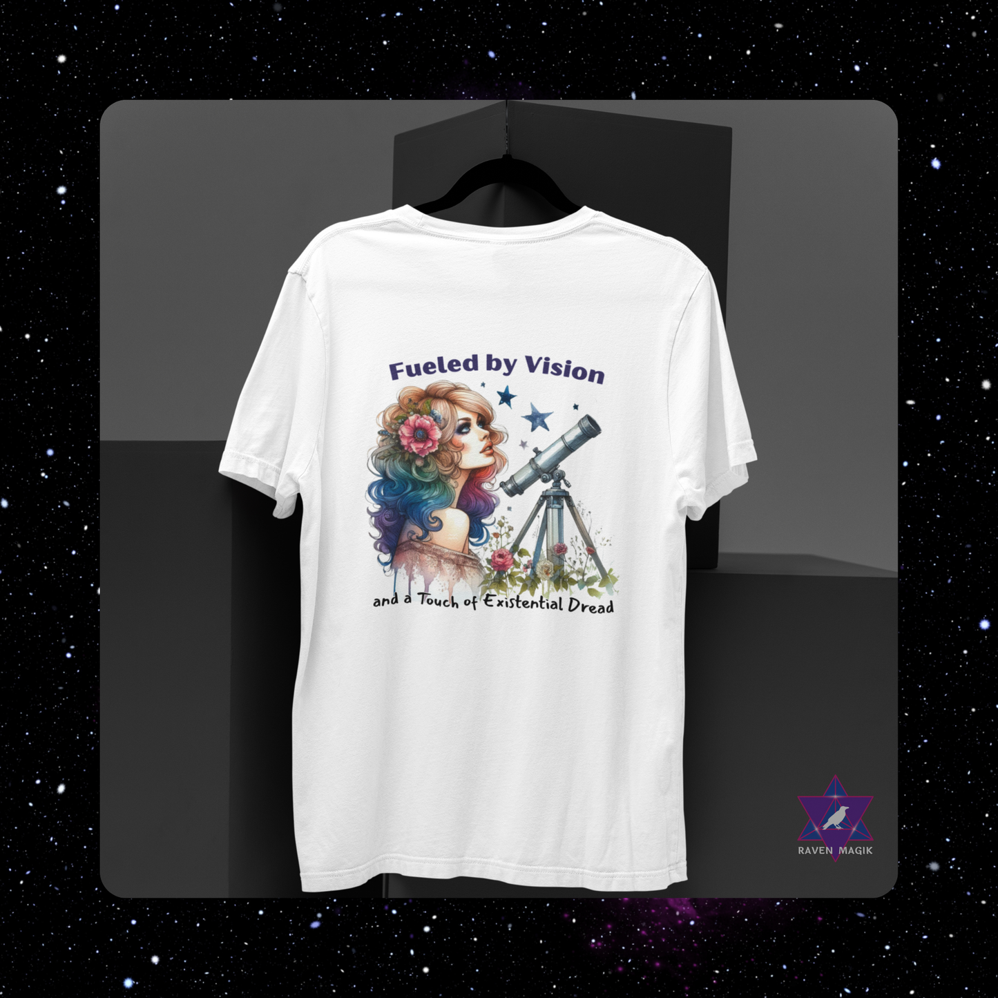 White t-shirt with a colorful graphic and text on a black background. Aquarius Zodiac T-shirt with “Fueled by Vision and a Touch of Existential Dread” slogan, styled for eccentric, future-forward energy.