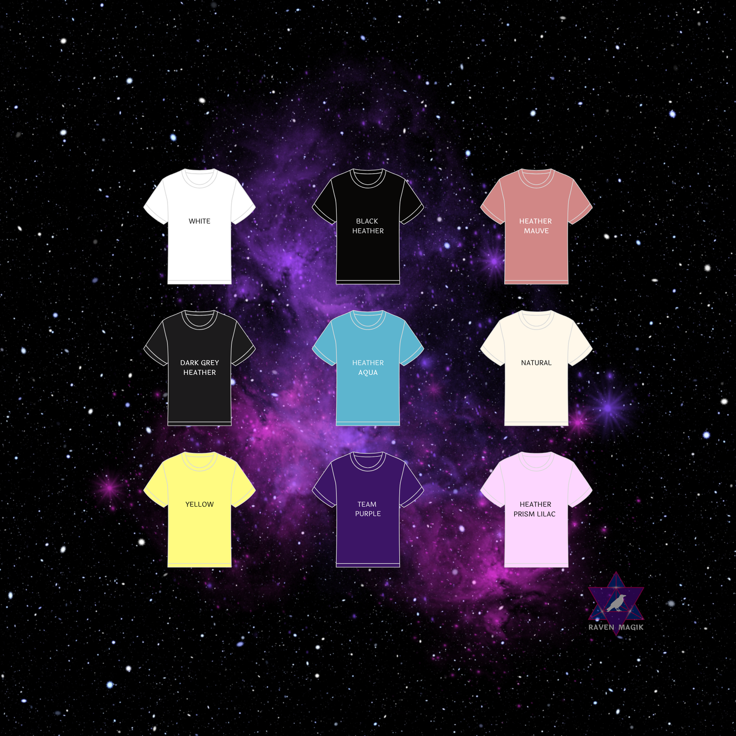 Collection of t-shirts in various colors on a starry space background
