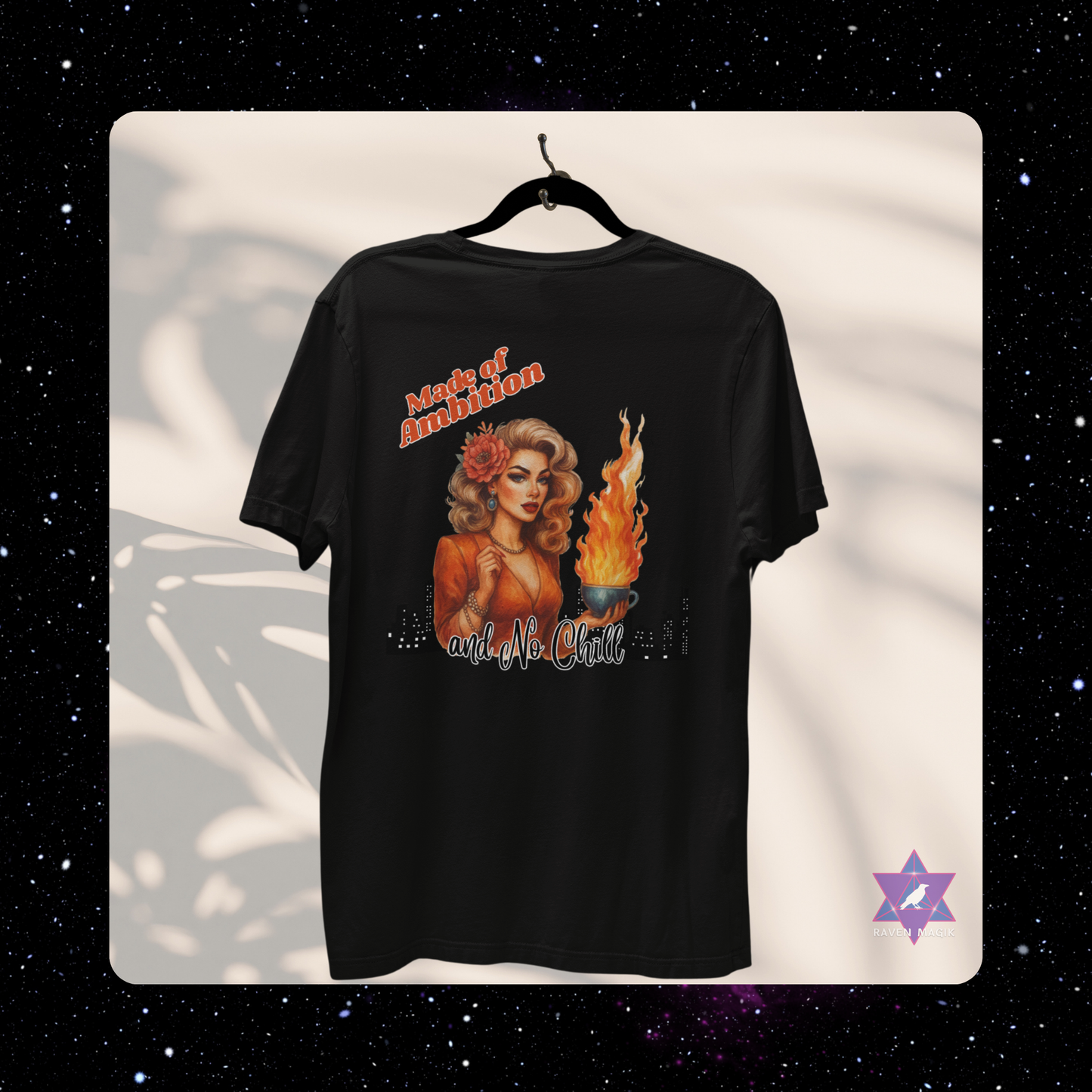 Black t-shirt with graphic design of a woman and text on a white background. Aries Archetype T-shirt with “Made of Ambition and No Chill” slogan, styled for bold, driven energy and trailblazing spirits.