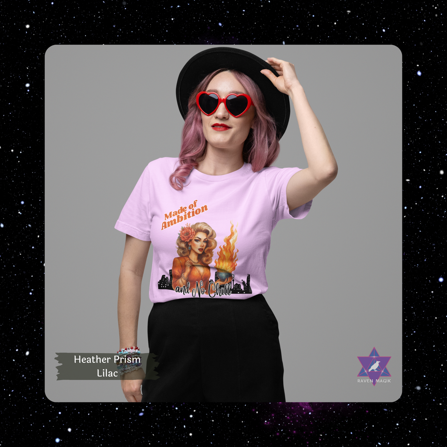 Person wearing a pink t-shirt with a graphic design and text, standing against a gray background. Aries Archetype T-shirt with “Made of Ambition and No Chill” slogan, styled for bold, driven energy and trailblazing spirits.