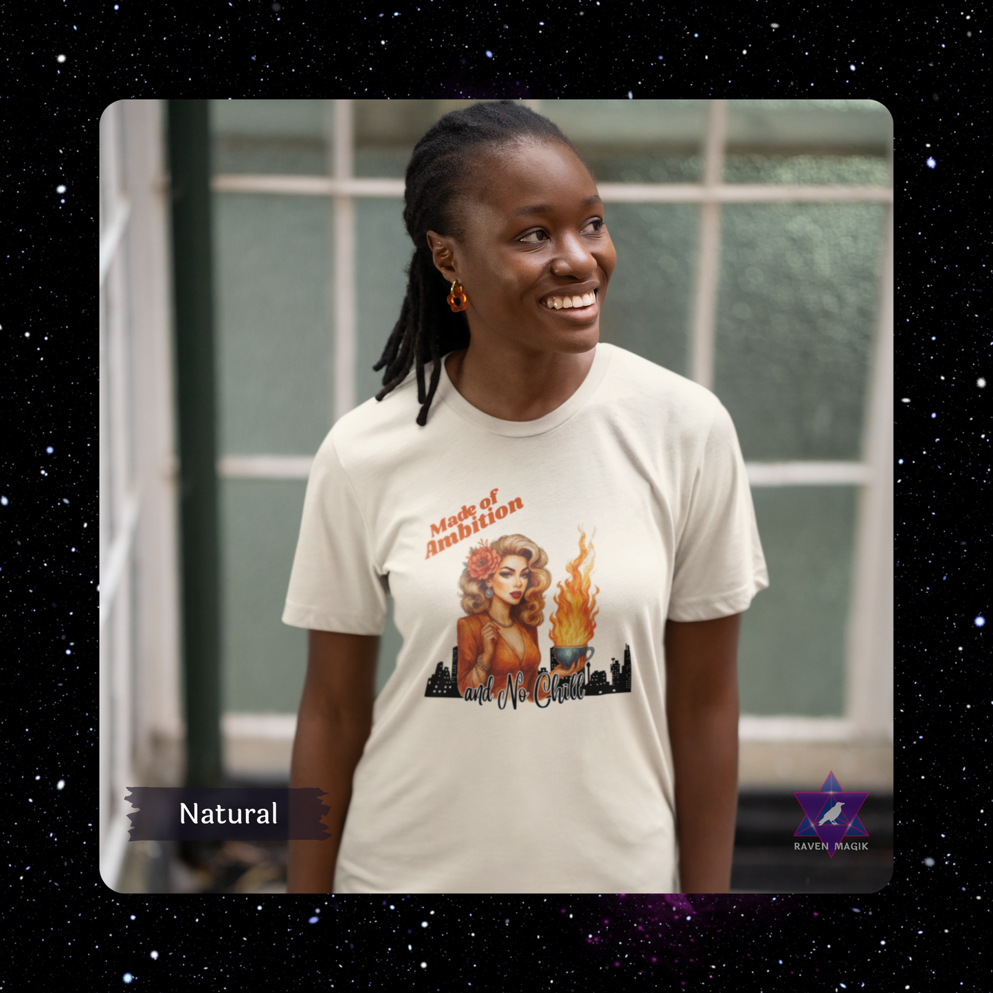 Person wearing a t-shirt with a graphic design and text, standing indoors. Aries Archetype T-shirt with “Made of Ambition and No Chill” slogan, styled for bold, driven energy and trailblazing spirits.