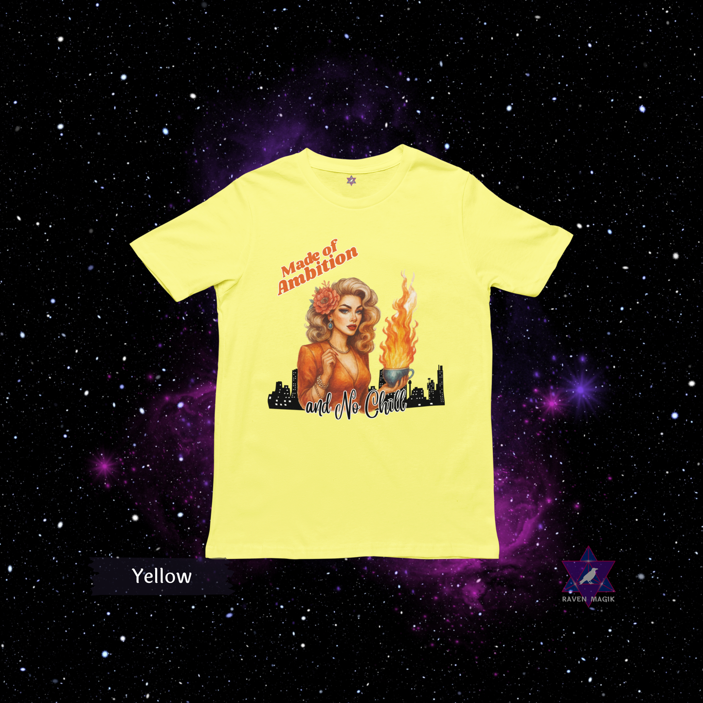 Yellow t-shirt with graphic design on a starry space background. Aries Archetype T-shirt with “Made of Ambition and No Chill” slogan, styled for bold, driven energy and trailblazing spirits.