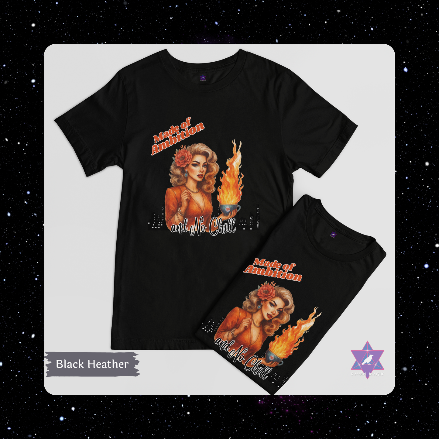 Black Heather t-shirt with graphic design of a woman and text on a white background. Aries Zodiac T-shirt with “Made of Ambition and No Chill” slogan, styled for fiery, unapologetic energy.