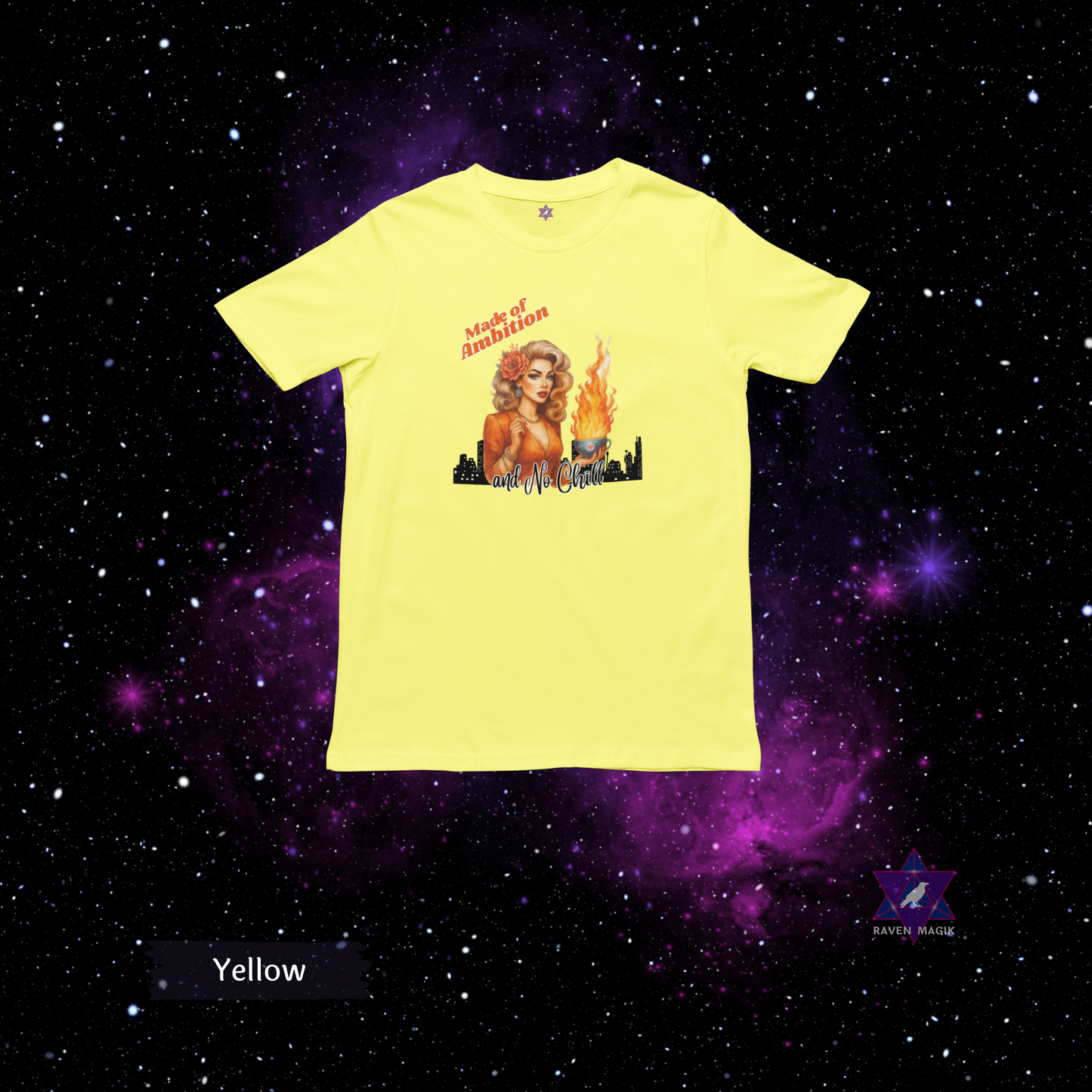 Aries Zodiac T-shirt with bold “Made of Ambition and No Chill” slogan, styled for fiery, unapologetic energy.