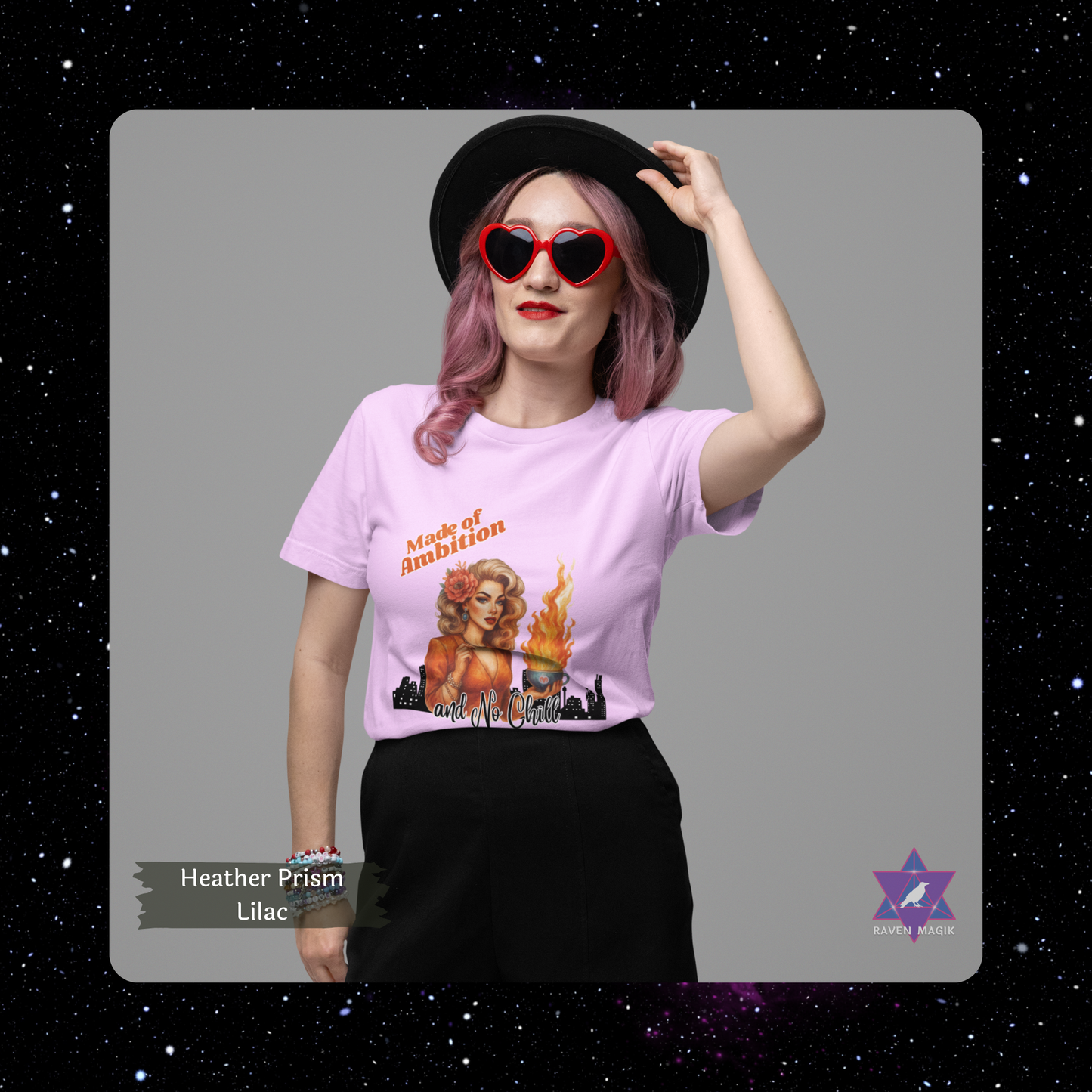 Aries Zodiac T-shirt with “Made of Ambition and No Chill” slogan, styled for fiery, unapologetic energy. Color Heather Prism Lilac.