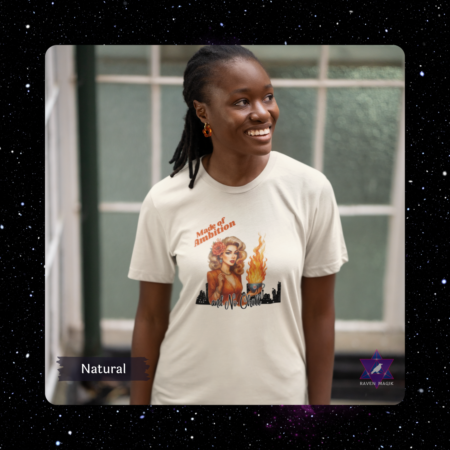 Person wearing a white t-shirt with a graphic design, standing indoors. Aries Zodiac T-shirt with “Made of Ambition and No Chill” slogan, styled for fiery, unapologetic energy. Natural Color.