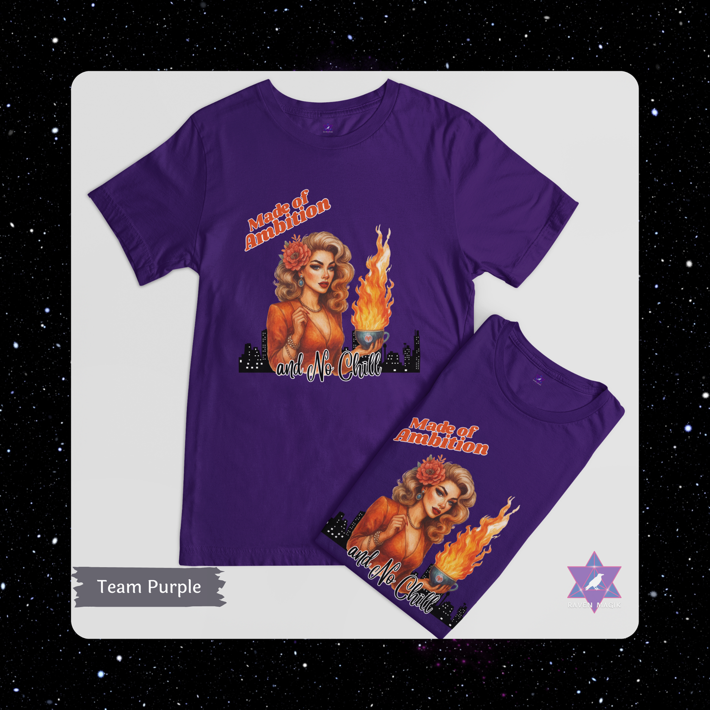 Aries Zodiac T-shirt with “Made of Ambition and No Chill” slogan, styled for fiery, unapologetic energy. Color Team Purple.
