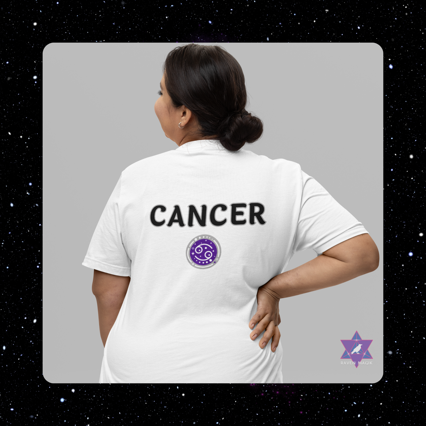 Person wearing a white t-shirt with 'CANCER' and a zodiac symbol on the back, against a gray background.