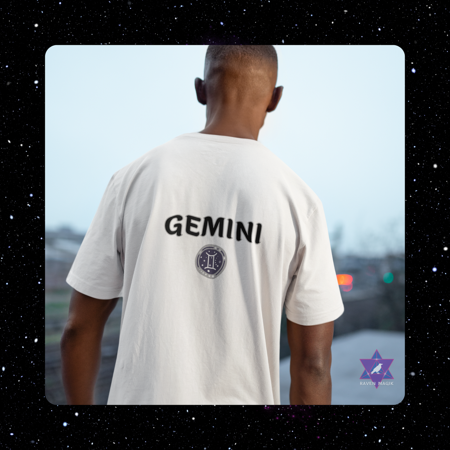 Person wearing a white t-shirt with 'GEMINI' printed on the back, standing against a blurred cityscape.