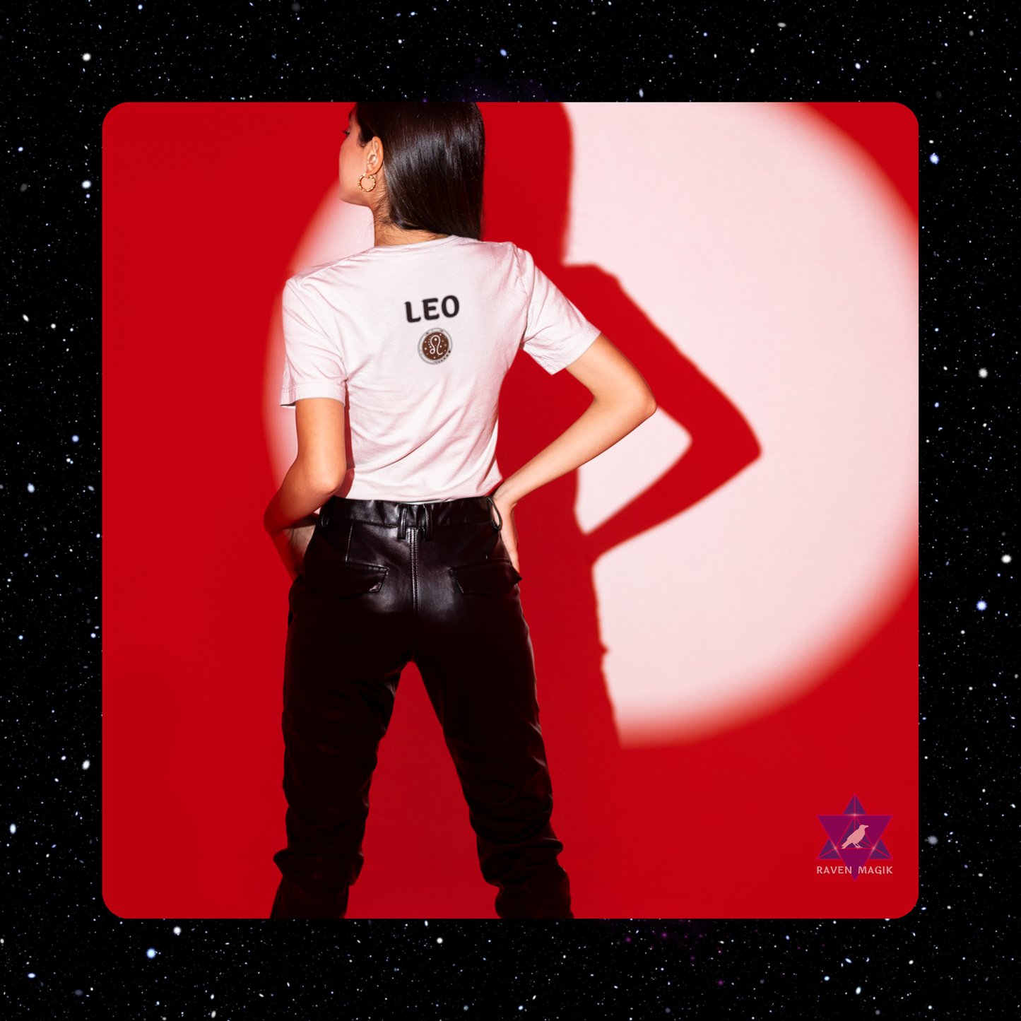 Person wearing a white t-shirt with 'LEO' printed on the back against a red background.