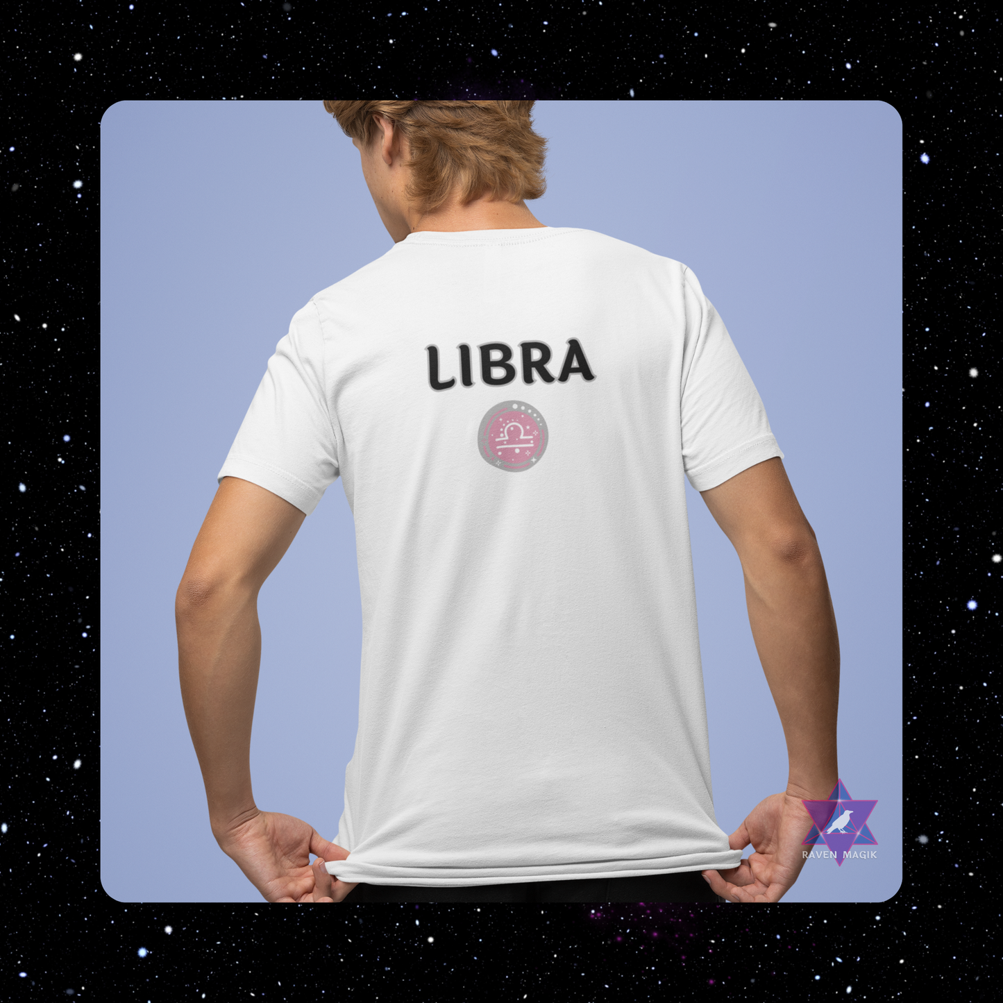 Person wearing a white t-shirt with 'LIBRA' on the back against a starry sky background