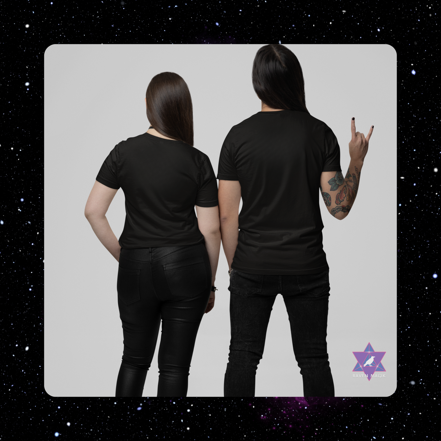 Two people wearing black t-shirts on a gray background.