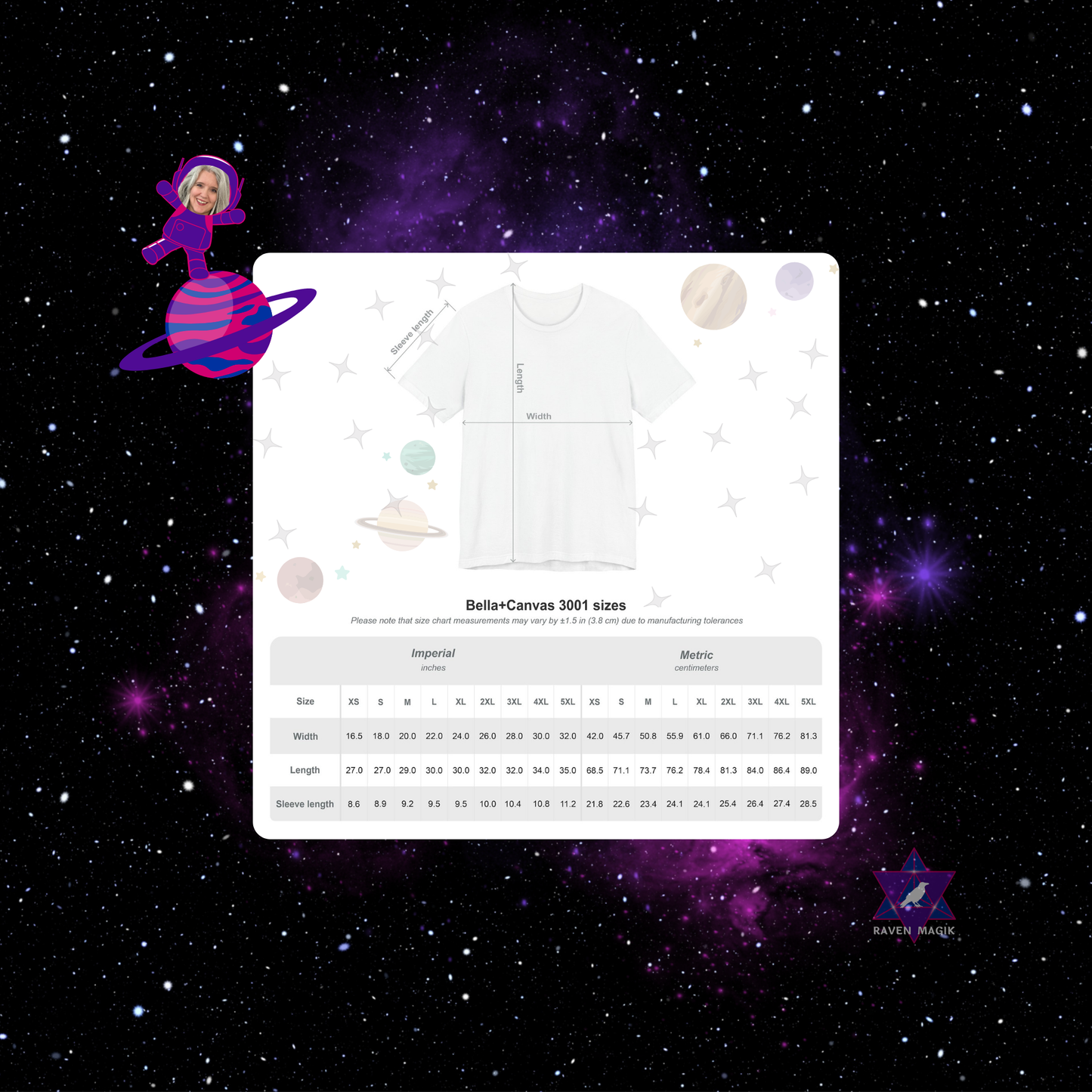 Measurement chart for apparel on a space-themed background with a cartoon astronaut and planet.