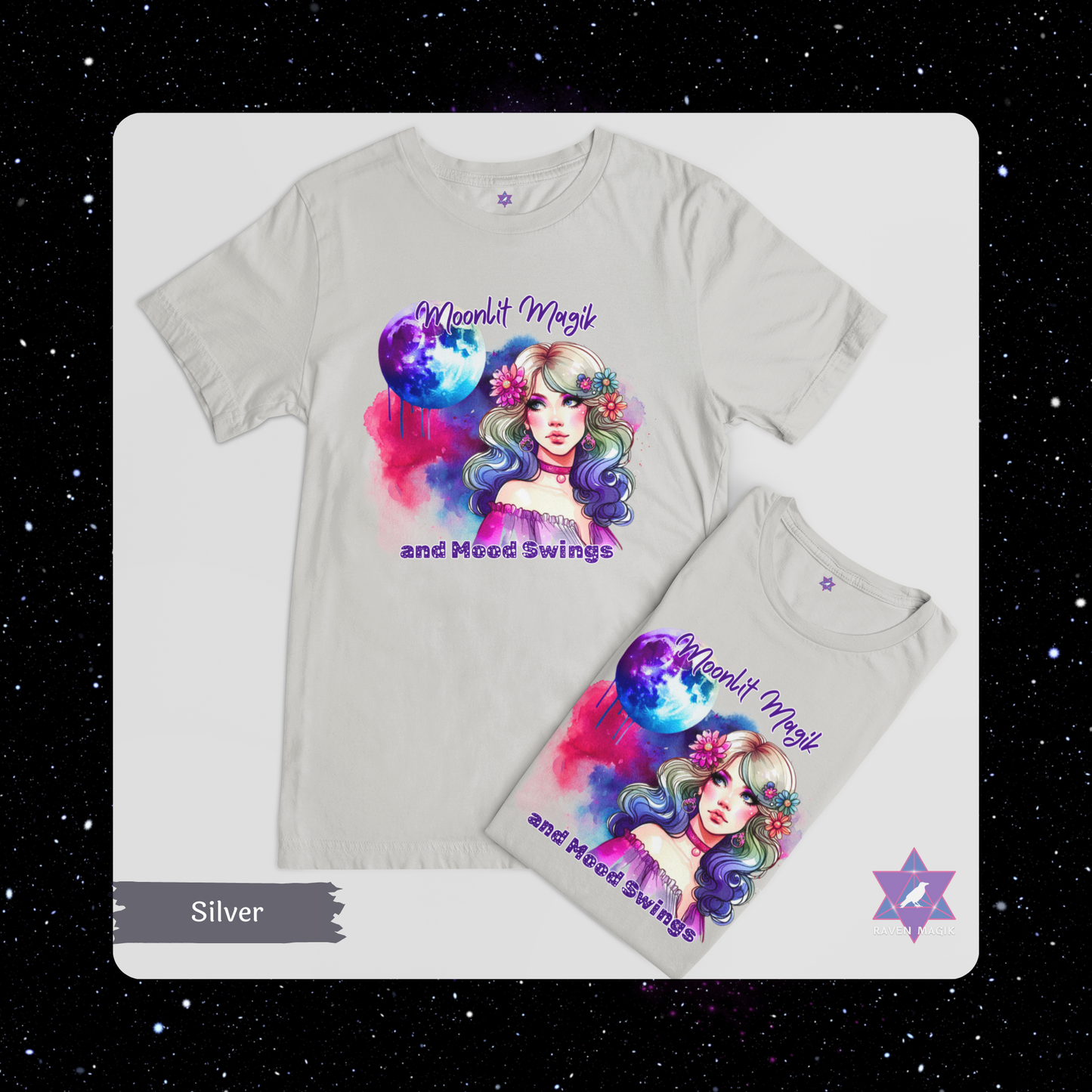 Silver t-shirt with colorful graphic design and text on a white background. Cancer Archetype T-shirt with “Moonlit Magik and Mood Swings” slogan, styled for intuitive, emotional energy and lunar mystique.