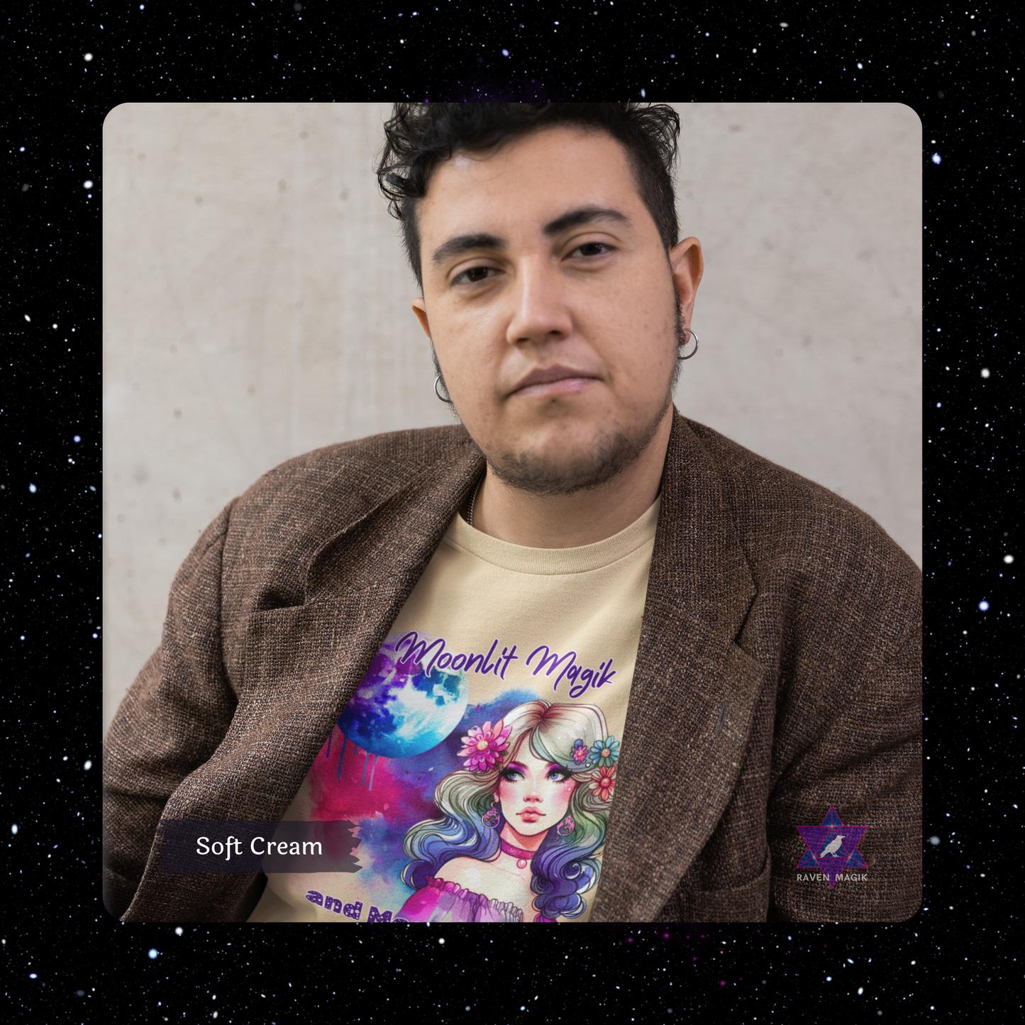 Man wearing a t-shirt with colorful graphics and text, standing against a neutral background. Cancer Archetype T-shirt with “Moonlit Magik and Mood Swings” slogan, styled for intuitive, emotional energy and lunar mystique.