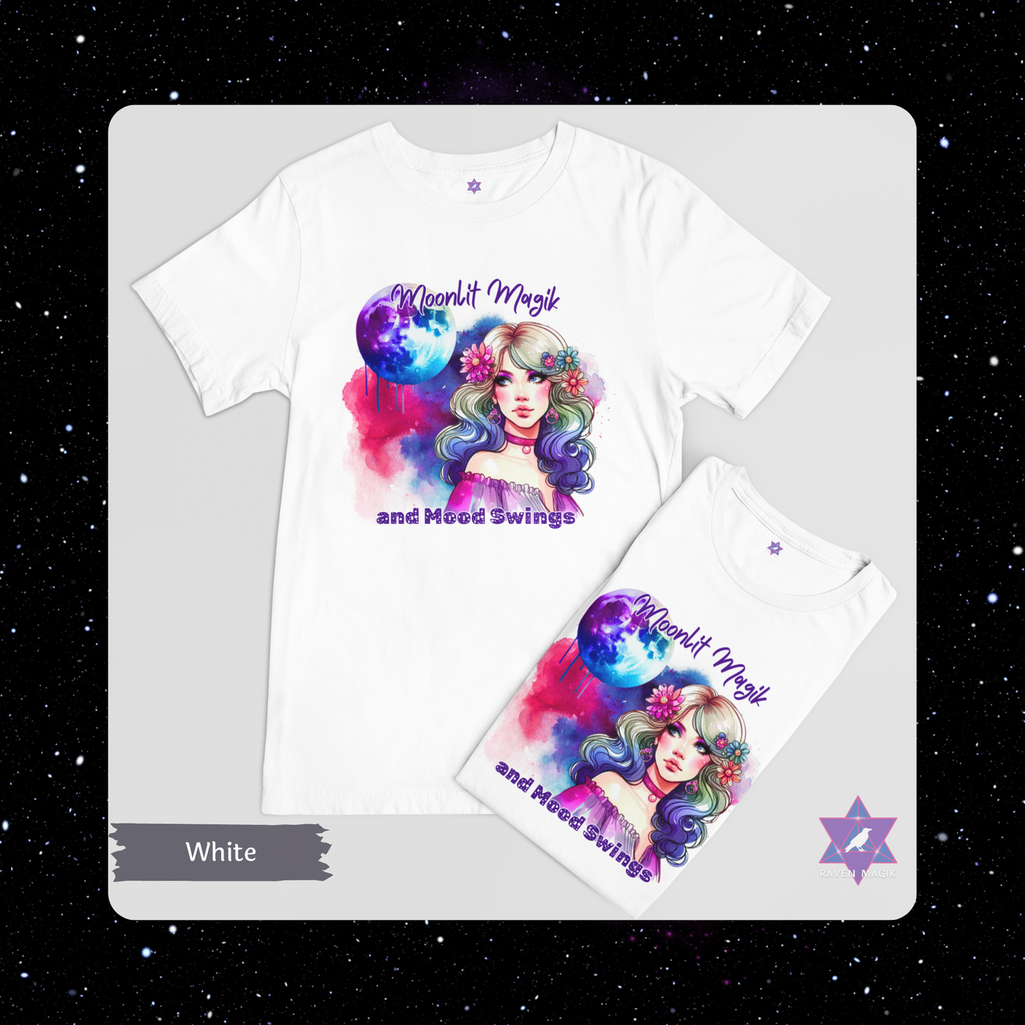 White t-shirt with colorful graphic design featuring a character and text on a gray background. Cancer Archetype T-shirt with “Moonlit Magik and Mood Swings” slogan, styled for intuitive, emotional energy and lunar mystique.