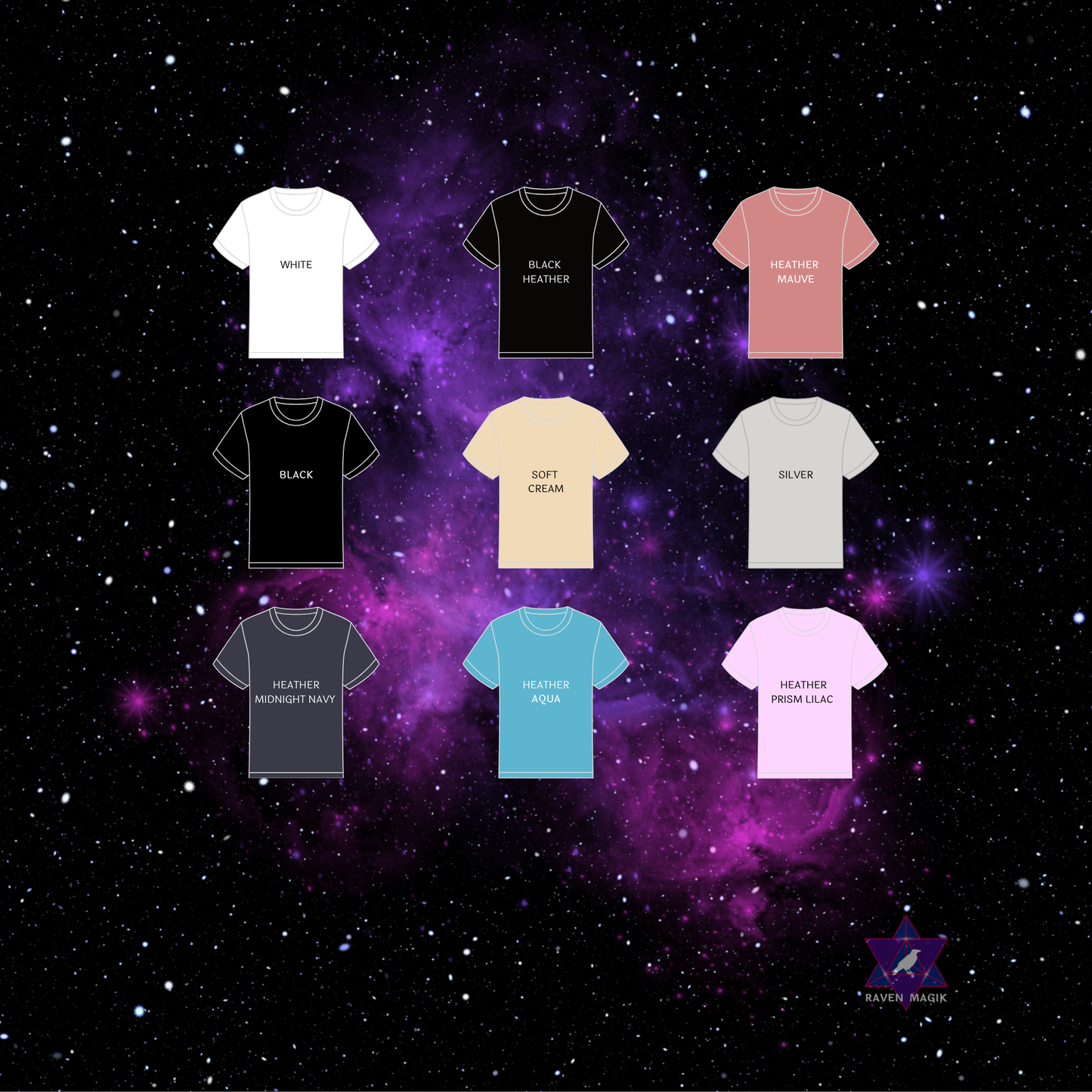 Collection of t-shirts in various colors on a starry space background