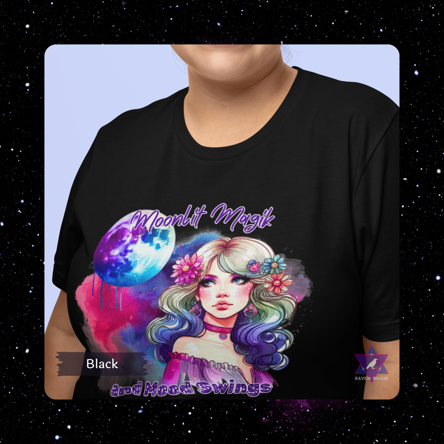 Black t-shirt with colorful graphic design featuring a woman with flowers in her hair. Cancer Zodiac T-shirt with “Moonlit Magik and Mood Swings” slogan, styled for intuitive, emotional energy.
