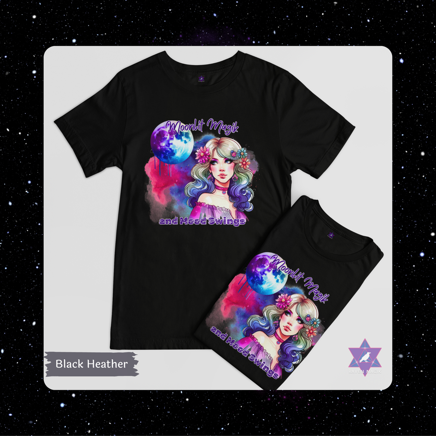Black t-shirt with colorful graphic design on a starry background. Cancer Zodiac T-shirt with “Moonlit Magik and Mood Swings” slogan, styled for intuitive, emotional energy.