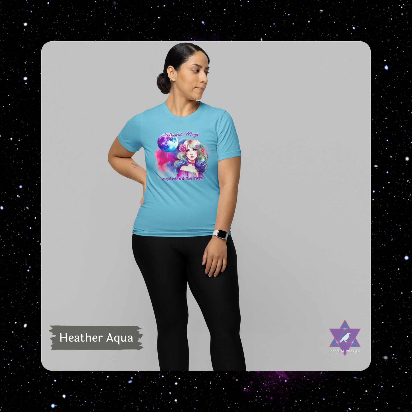Person wearing a blue t-shirt with a colorful graphic design on a gray background. Cancer Zodiac T-shirt with “Moonlit Magik and Mood Swings” slogan, styled for intuitive, emotional energy.
