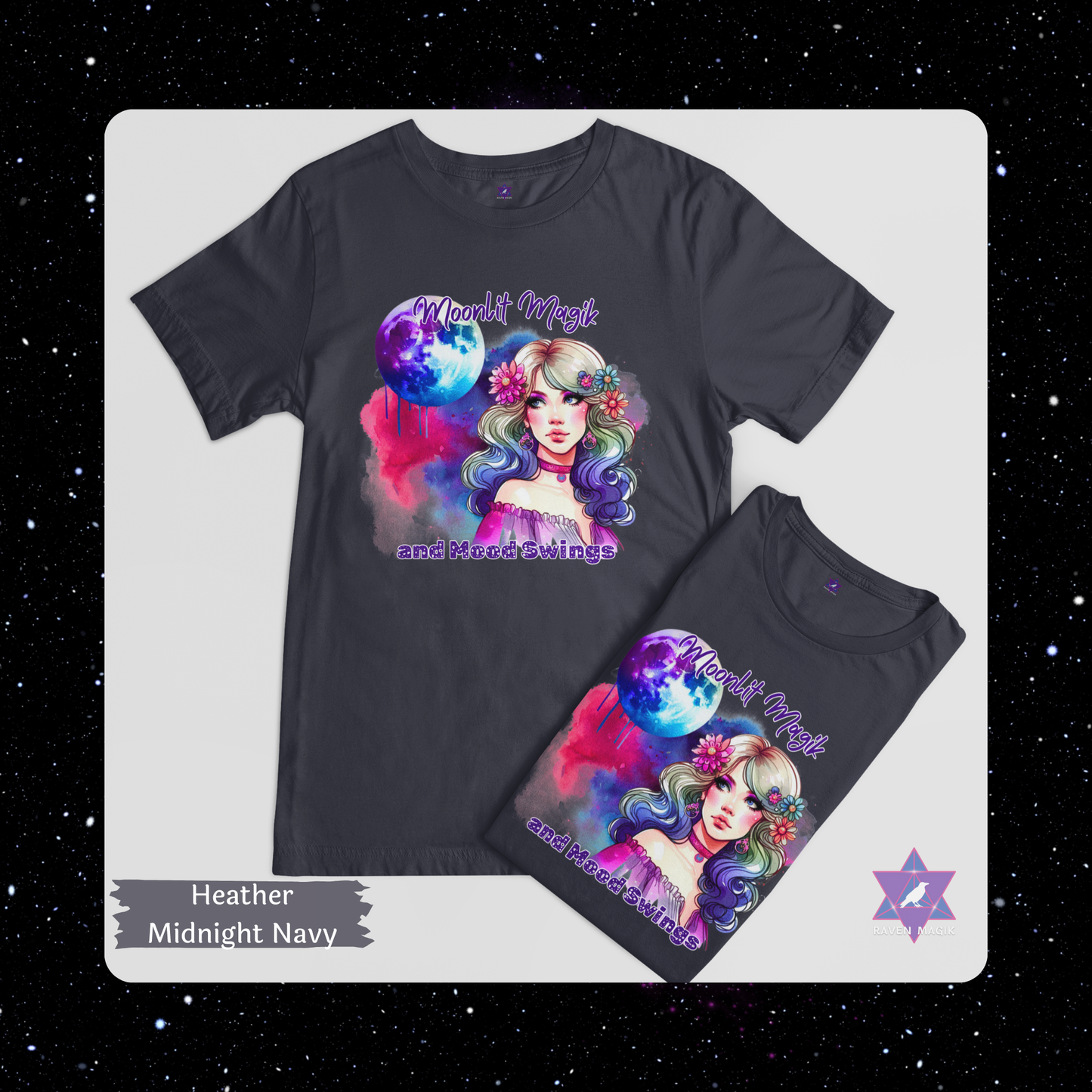 Heather Midnight Navy t-shirt with colorful graphic design of a girl with flowers in her hair. Cancer Zodiac T-shirt with “Moonlit Magik and Mood Swings” slogan, styled for intuitive, emotional energy.