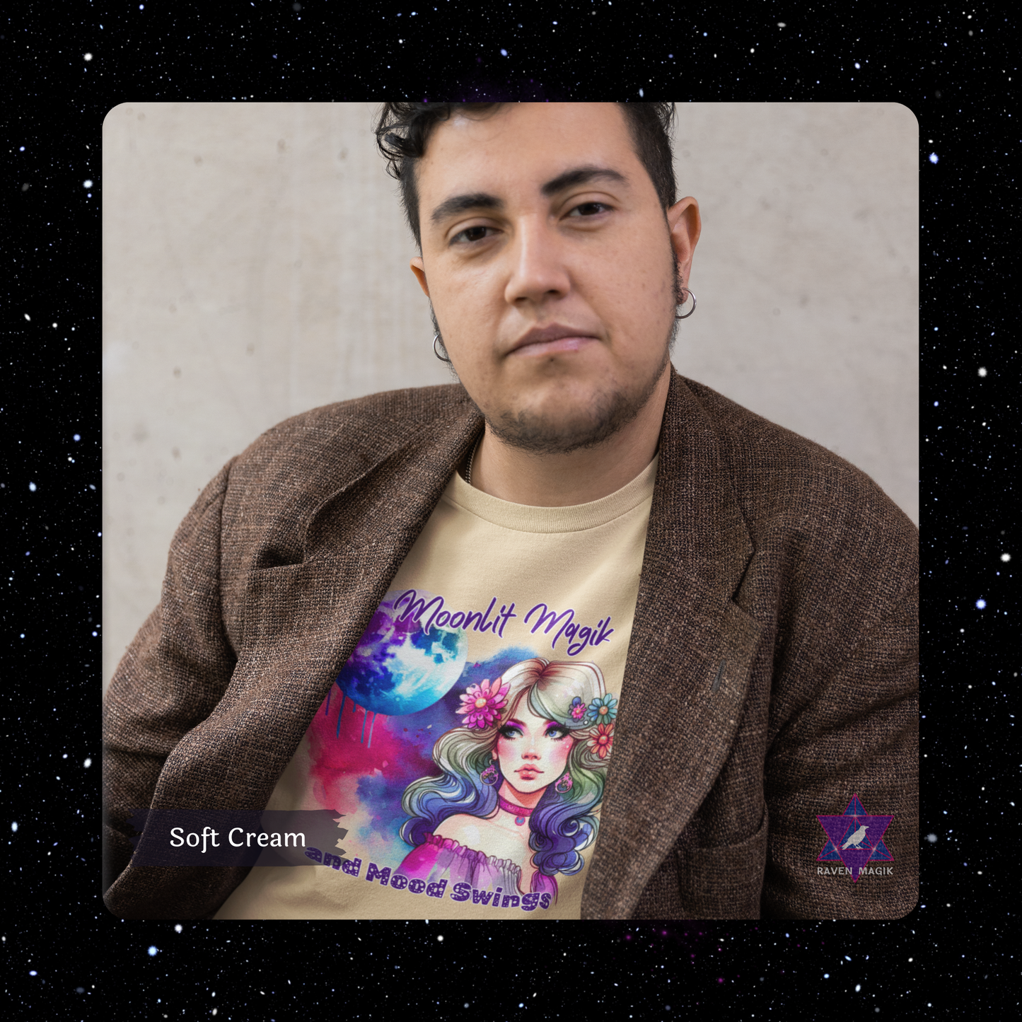 Man wearing a t-shirt with colorful design and text, standing against a neutral background. Cancer Zodiac T-shirt with “Moonlit Magik and Mood Swings” slogan, styled for intuitive, emotional energy.
