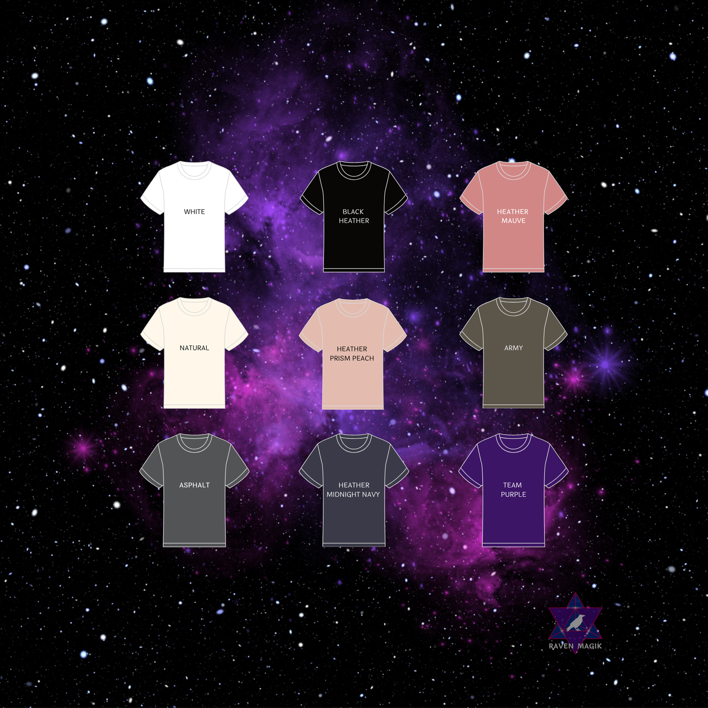 Collection of t-shirts in various colors on a starry space background