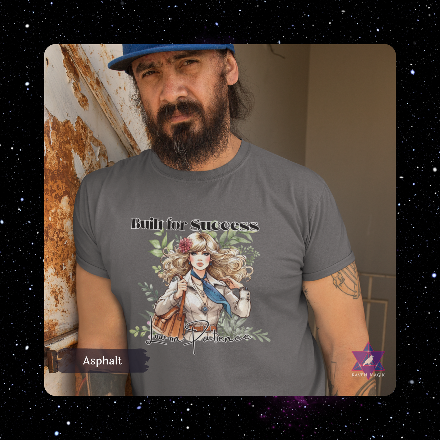 Man wearing a gray t-shirt with a graphic design and text, standing against a rustic wall. Capricorn Archetype T-shirt with “Built for Success and Low on Patience” slogan, styled for ambitious, efficient energy and unapologetic drive.