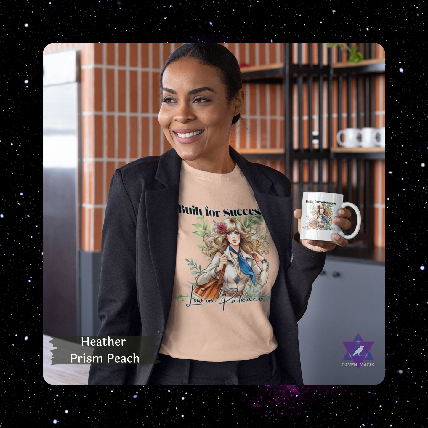 Woman wearing a t-shirt with a graphic design and holding a mug in an indoor setting. Capricorn Archetype T-shirt with “Built for Success and Low on Patience” slogan, styled for ambitious, efficient energy and unapologetic drive.