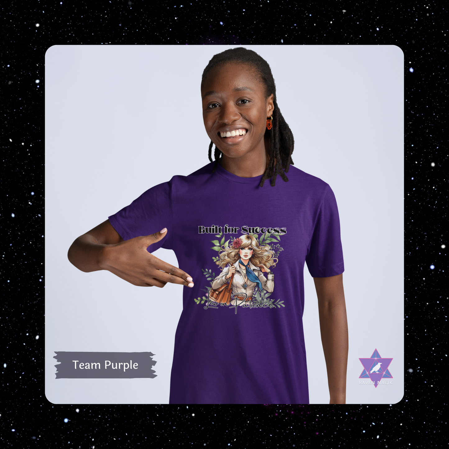 Person wearing a purple t-shirt with a graphic design and text, pointing to the shirt. Capricorn Archetype T-shirt with “Built for Success and Low on Patience” slogan, styled for ambitious, efficient energy and unapologetic drive.