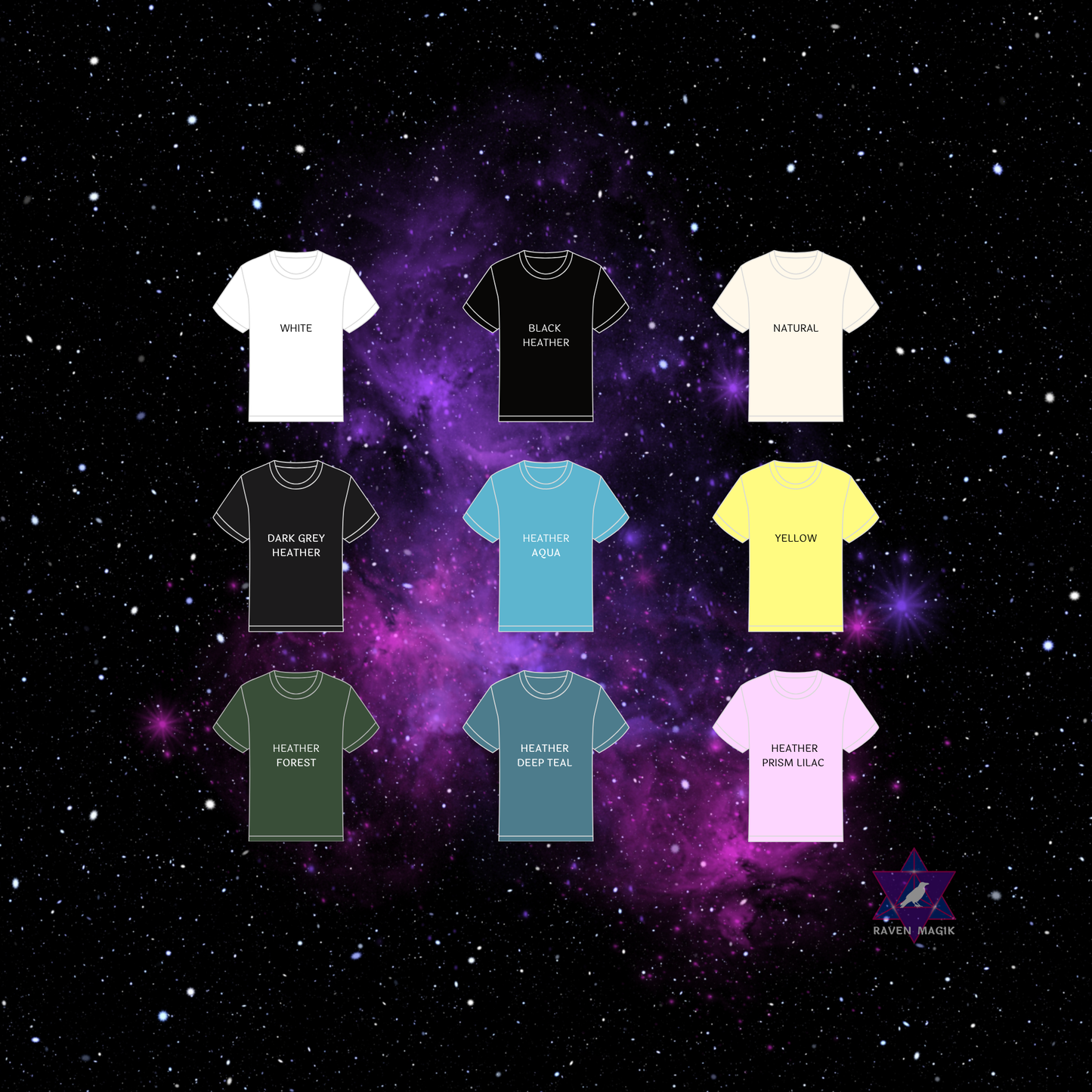 Collection of t-shirts in various colors on a starry space background