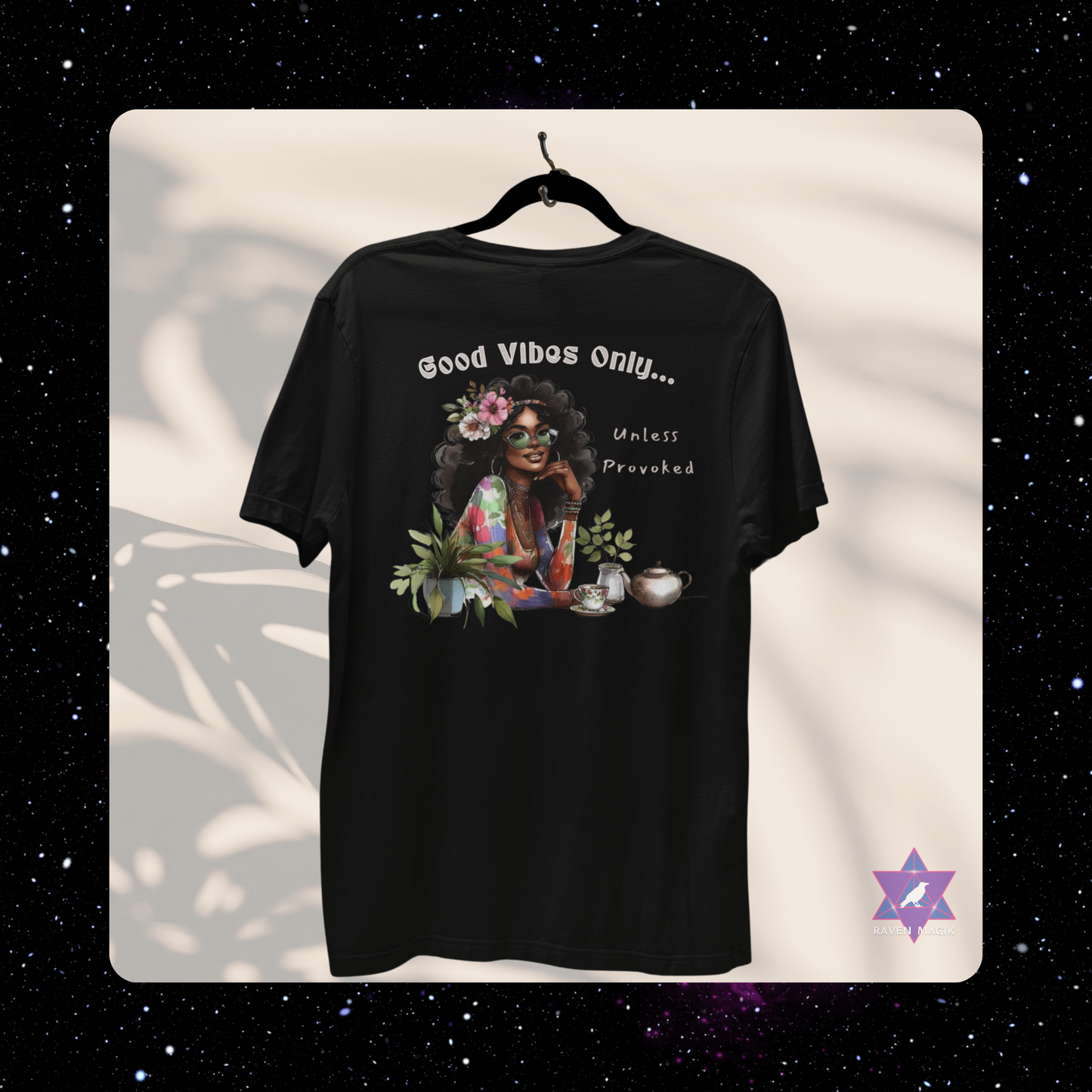 Black t-shirt with a graphic design and text on a white background. Gemini Archetype T-shirt with “Good Vibes Only… Unless Provoked” slogan, styled for expressive, unpredictable energy and dual-natured charm.
