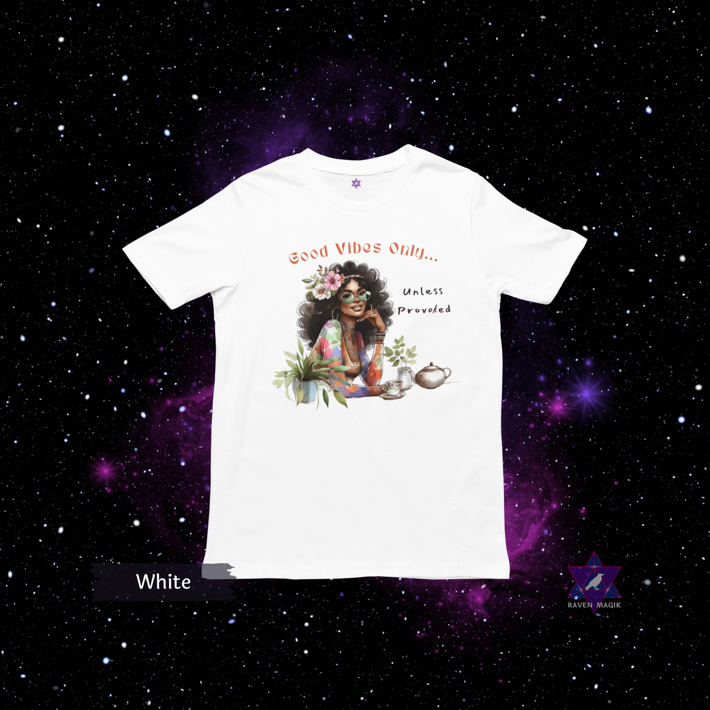 White t-shirt with a colorful graphic and text on a starry space background. Gemini Archetype T-shirt with “Good Vibes Only… Unless Provoked” slogan, styled for expressive, unpredictable energy and dual-natured charm.
