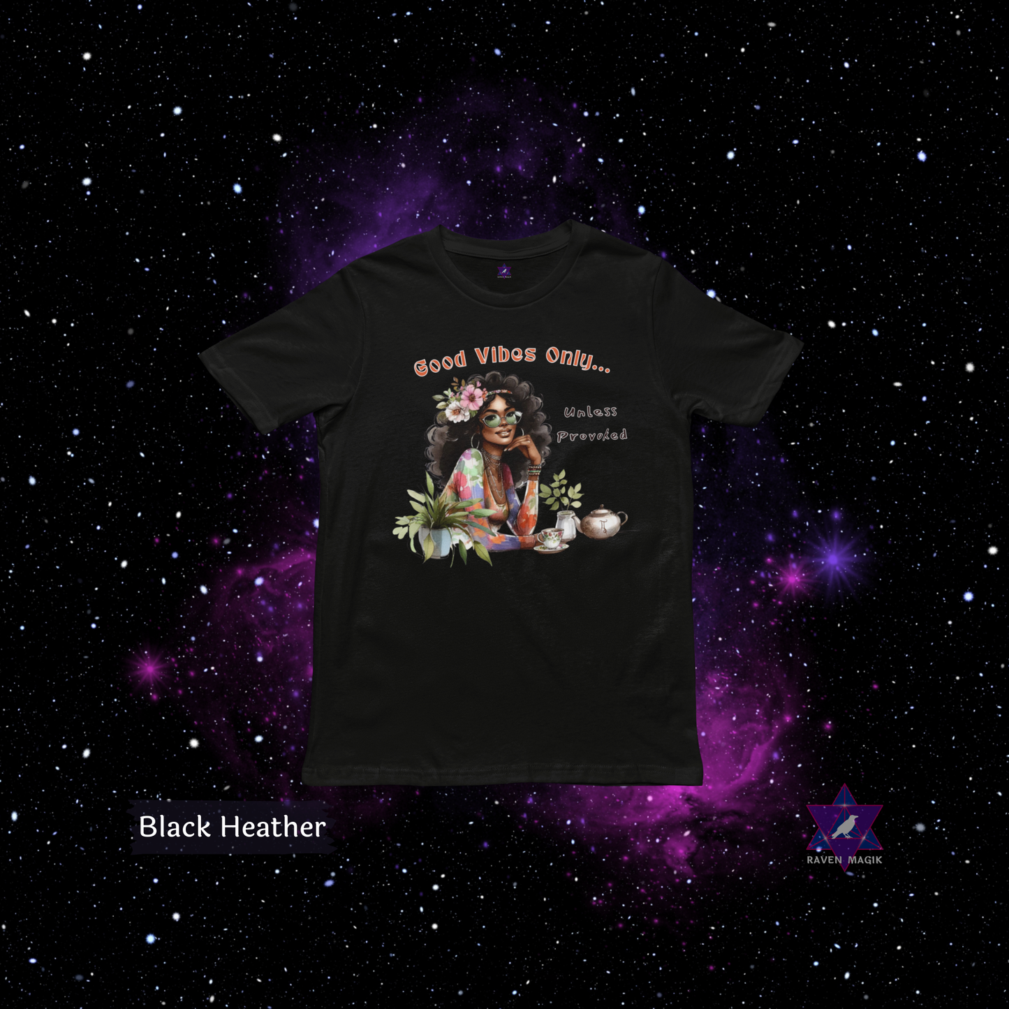 Black t-shirt with a colorful graphic and text on a starry space background. Gemini Zodiac T-shirt with “Good Vibes Only – Unless Provoked” slogan, styled for playful, expressive energy.