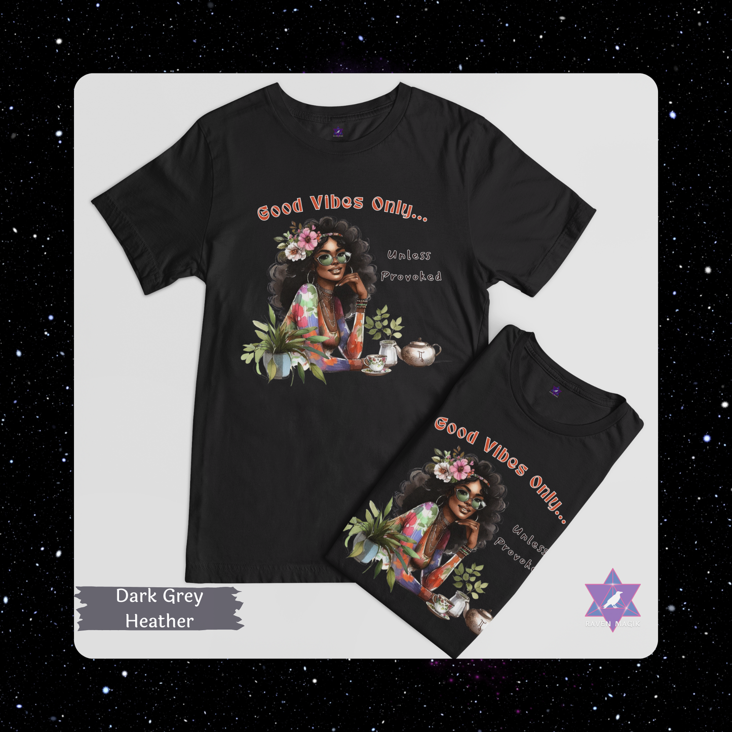 Dark Grey Heather t-shirt with a colorful graphic and text 'Good Vibes Only' on a white background. Gemini Zodiac T-shirt with “Good Vibes Only – Unless Provoked” slogan, styled for playful, expressive energy.