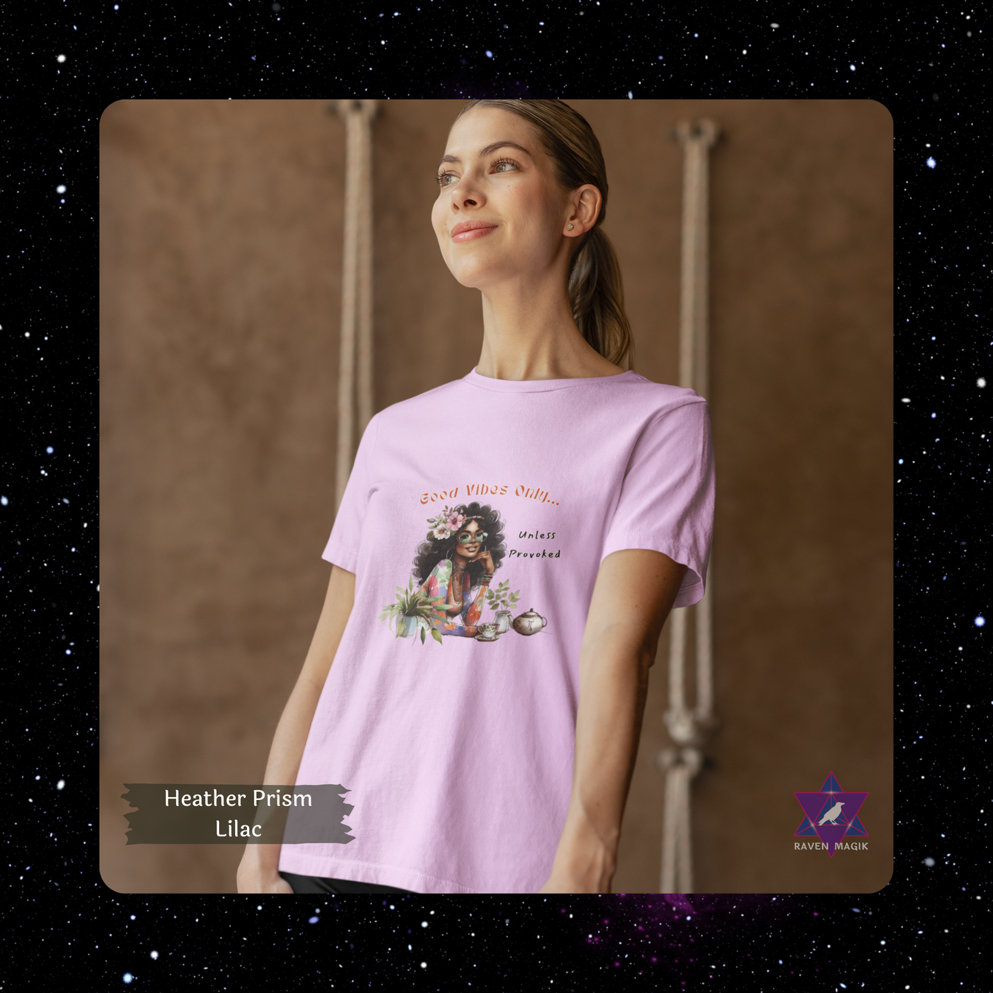 Woman wearing a Heather Prism Lilac t-shirt with a graphic design against a brown background. Gemini Zodiac T-shirt with “Good Vibes Only – Unless Provoked” slogan, styled for playful, expressive energy.