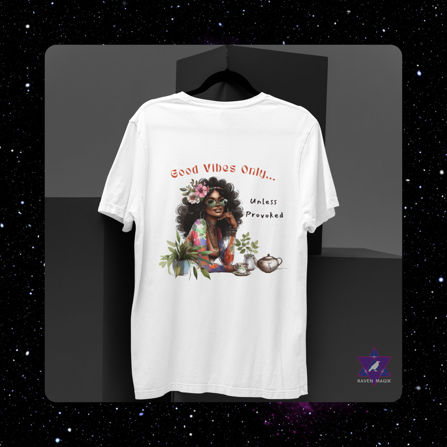 White t-shirt with a graphic design of a woman with flowers and text on a black background. Gemini Zodiac T-shirt with “Good Vibes Only – Unless Provoked” slogan, styled for playful, expressive energy.