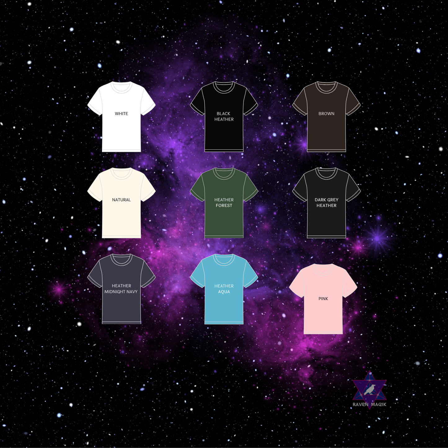 Collection of t-shirts in various colors on a starry space background