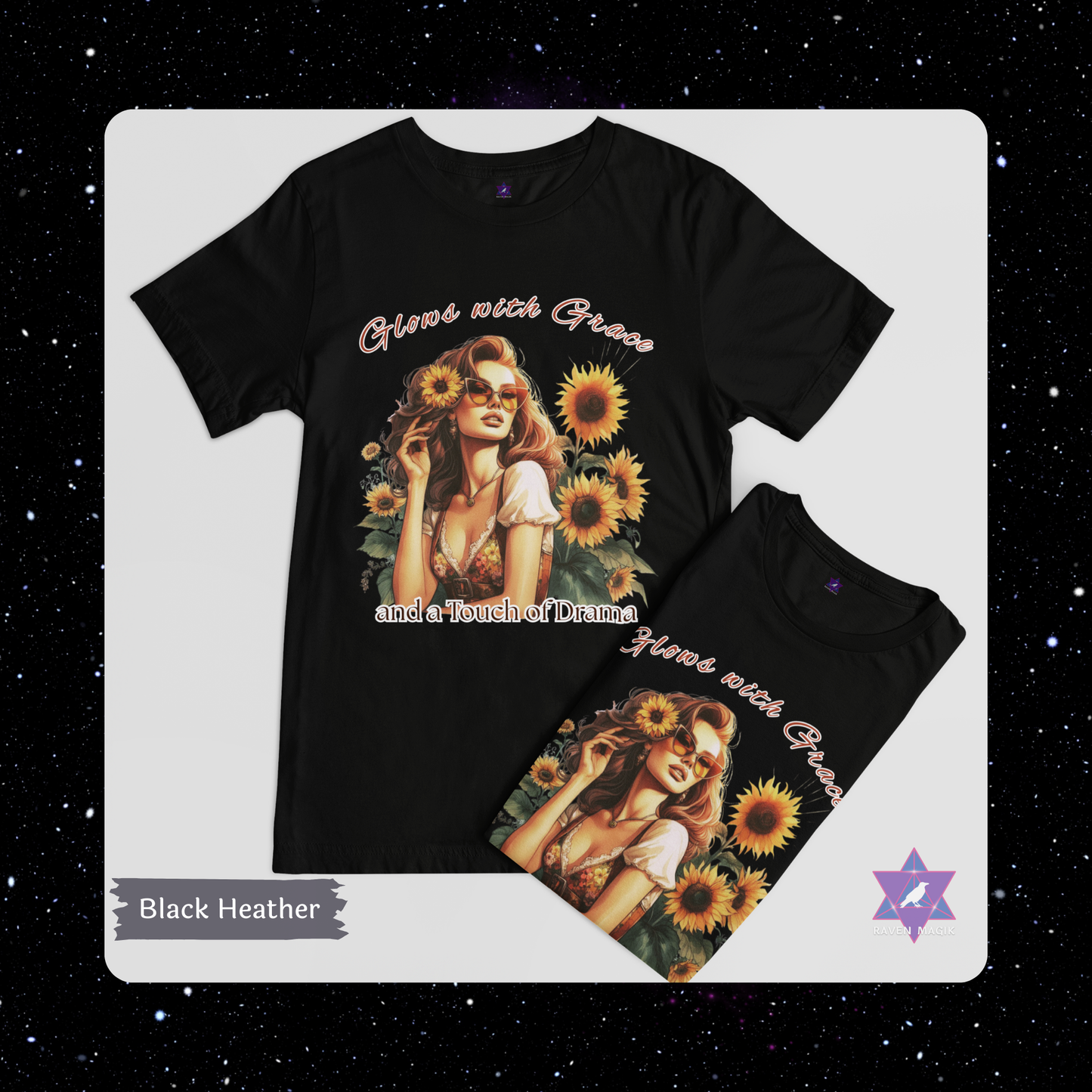 Leo Zodiac T-shirt with “Glows with Grace and a Touch of Drama” slogan, styled for bold, radiant energy.