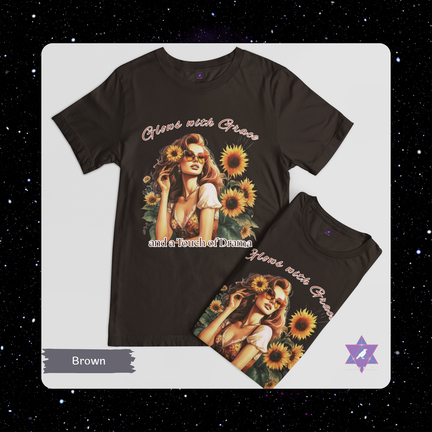 Leo Zodiac T-shirt with “Glows with Grace and a Touch of Drama” slogan, styled for bold, radiant energy.