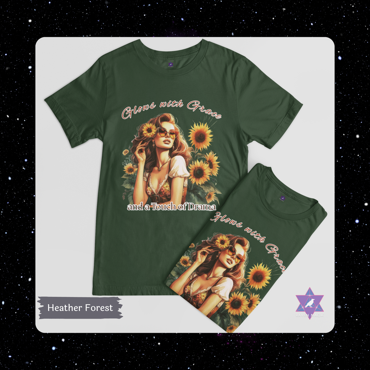 Leo Zodiac T-shirt with “Glows with Grace and a Touch of Drama” slogan, styled for bold, radiant energy.