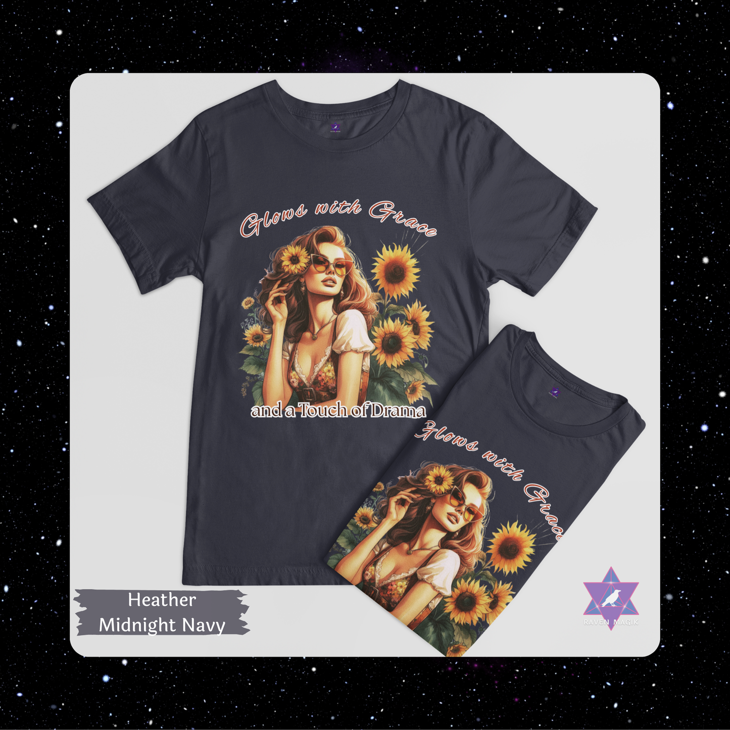 Leo Zodiac T-shirt with “Glows with Grace and a Touch of Drama” slogan, styled for bold, radiant energy.