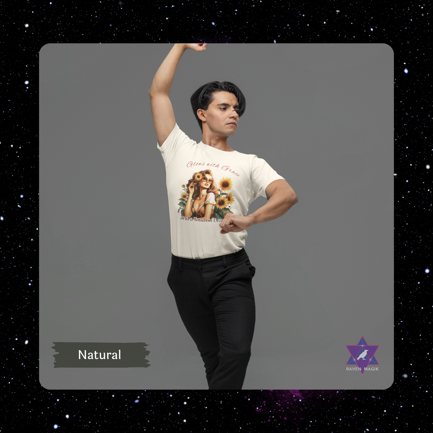 Leo Zodiac T-shirt with “Glows with Grace and a Touch of Drama” slogan, styled for bold, radiant energy.