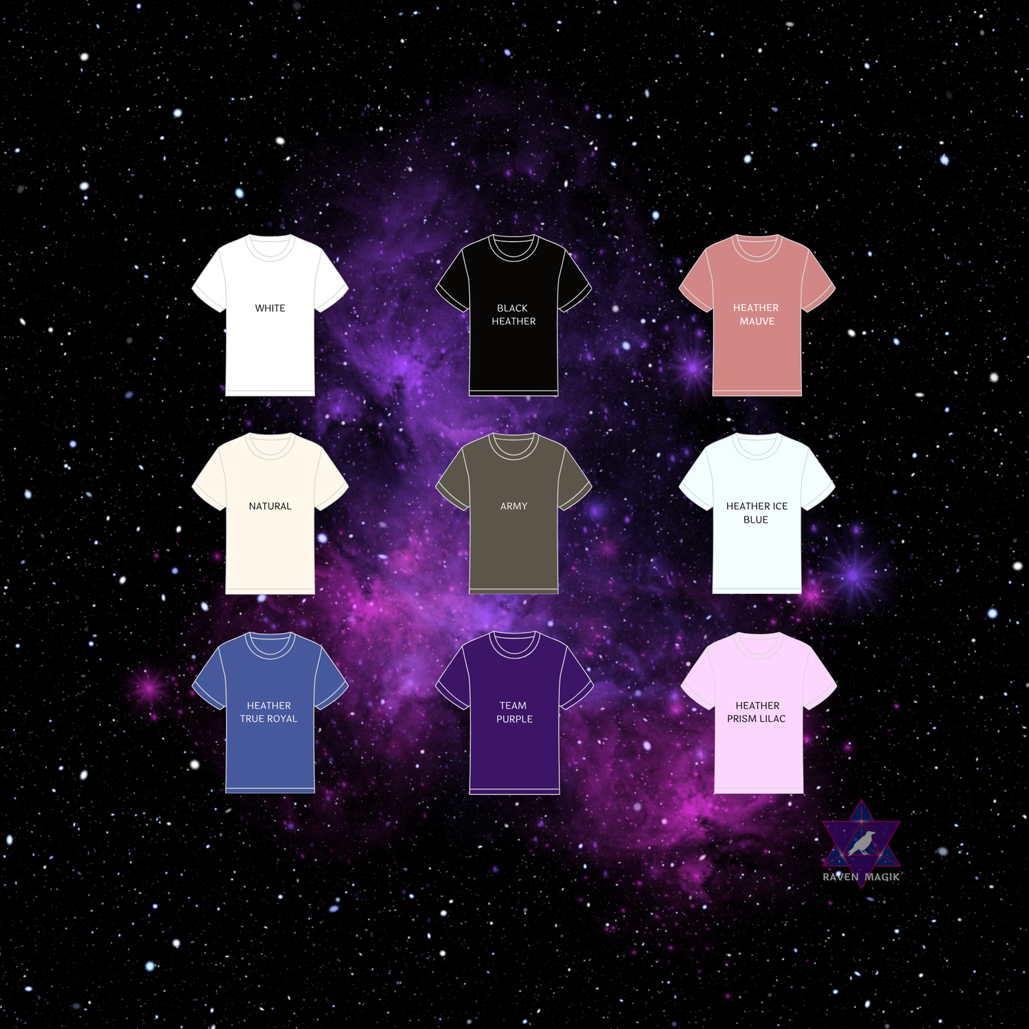Collection of t-shirts in various colors on a starry space background