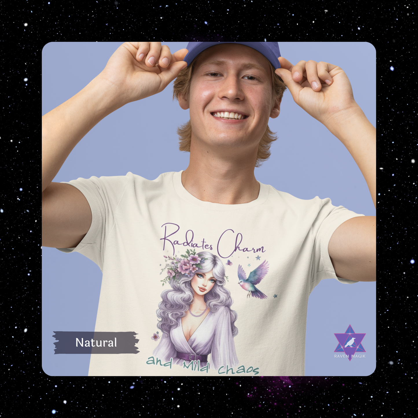 Person wearing a t-shirt with a graphic design and text, against a starry sky background. Libra Archetype T-shirt with “Radiates Charm and Mild Chaos” slogan, styled for magnetic, indecisive energy and aesthetic flair.